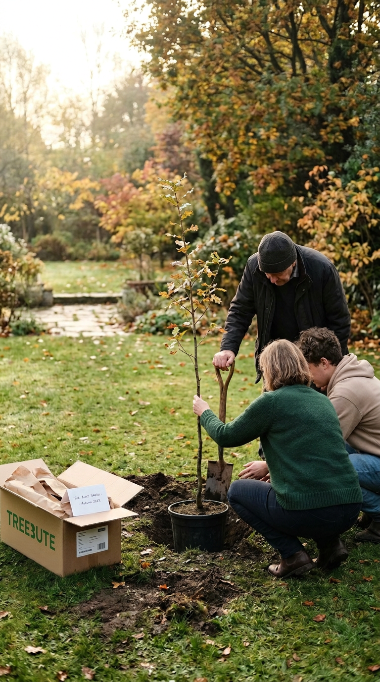 Family planting a young memorial tree in their backyard on an autumn morning
