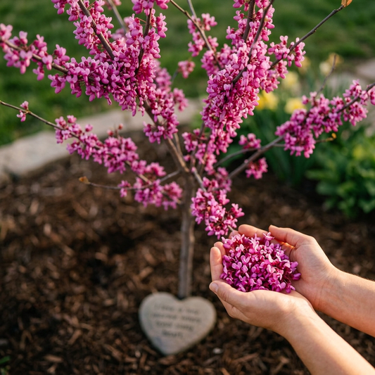 Eastern Redbud memorial tree gift in bloom with engraved stone at the base