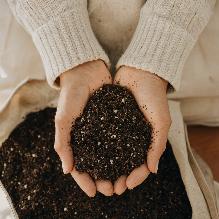 Hands gently hold Treebute's Organic Soil Blend