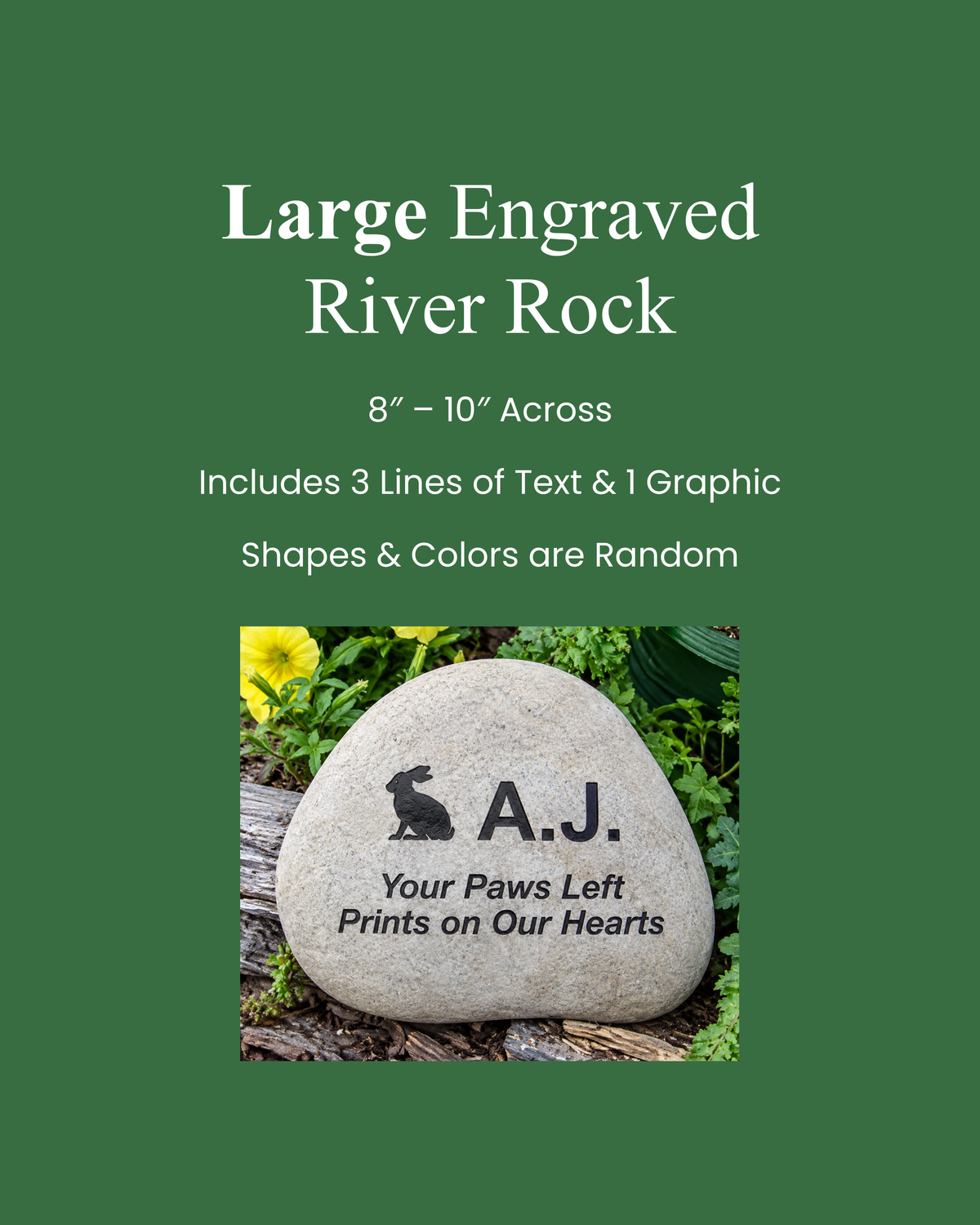 A green promotional graphic for a large engraved river rock pet memorial stone. White text at the top reads 'Large Engraved River Rock' with size and customization details below.