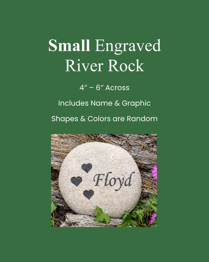Green product listing graphic for a small engraved river rock. White text reads 'Small Engraved River Rock,' '4" - 6" Across,' 'Includes Name & Graphic,' and 'Shapes & Colors are Random.