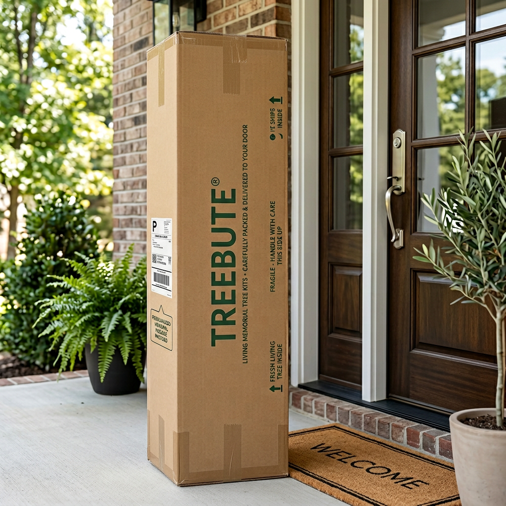 Large cardboard Live Plant box labeled 'Treebute' delivered to a doorstep with a 'Welcome' mat.