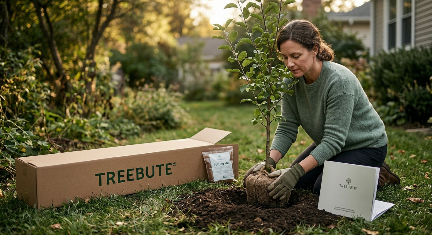 Woman planting a tree with Treebute packaging in a garden behind a tan house.