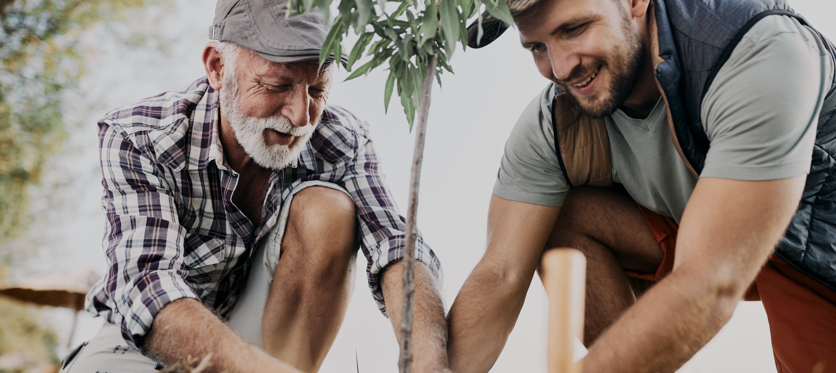An elderly man with a grey beard and a young man smiling together while planting a sapling in a garden, symbolizing the nurturing of life and memories in a backyard memorial.